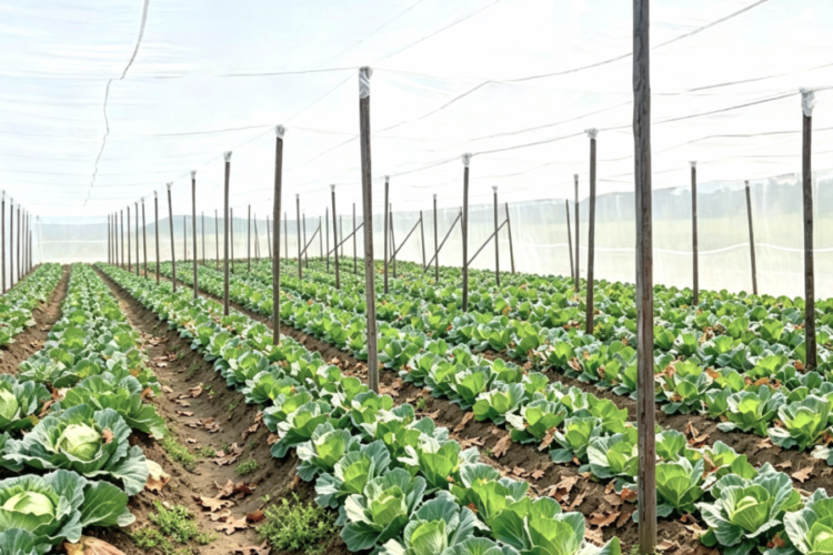 Cabbage growing inside a large anti-insect net house in Nigeria
