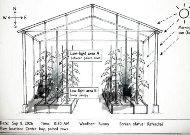 Illustration of a greenhouse observation record marking low-light areas between tomato rows and in the lower canopy